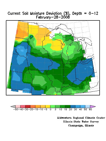 Map showing MRCC modeled soil moisture anomalies (percentiles), top (0-12 inches) layer