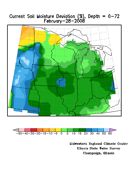 Map showing MRCC modeled soil moisture anomalies (percentiles), deep (0-72 inches) layer