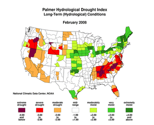 Map showing the Palmer Hydrological Drought Index