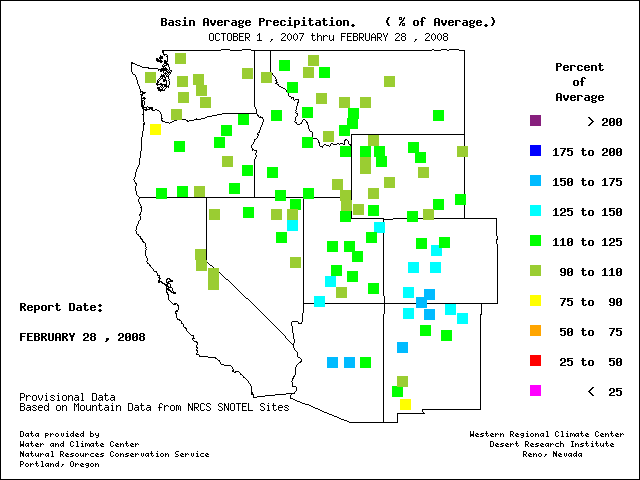 Map showing WRCC SNOTEL station percent of average precipitation - color coded