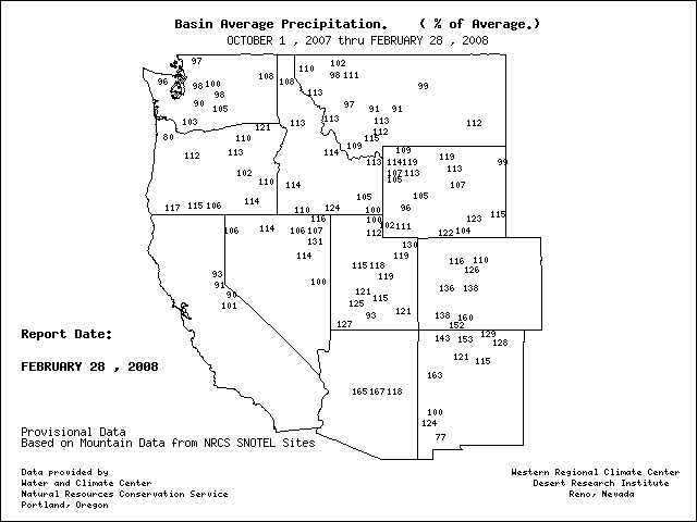 Map showing WRCC SNOTEL station percent of average precipitation - numeric values