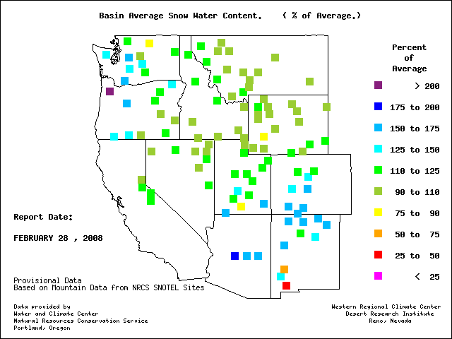 Map showing USDA-WCC SNOTEL station percent of average snow water equivalent - color coded