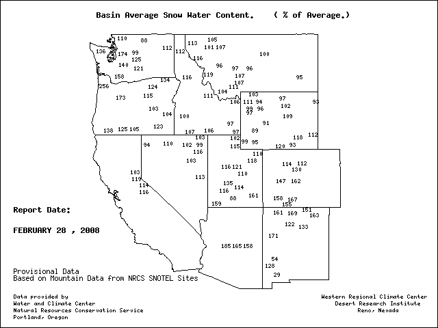 Map showing USDA-WCC SNOTEL station percent of average snow water equivalent - numeric values