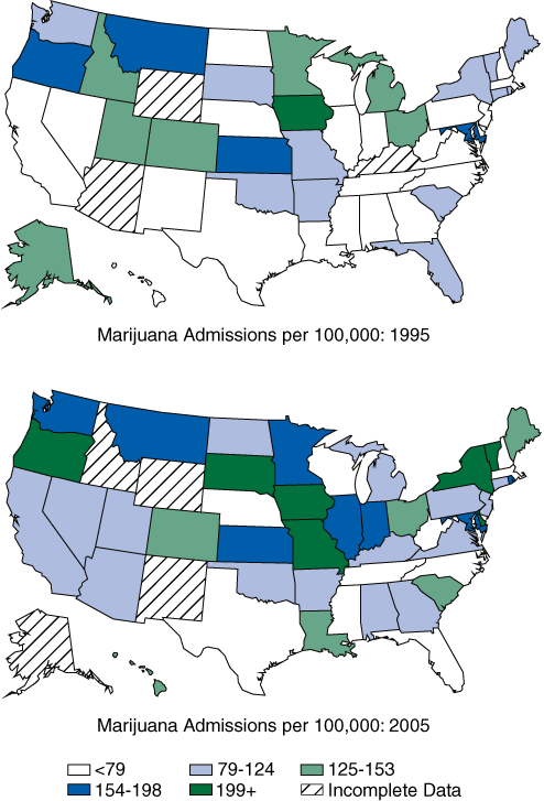 Two Maps comparing Marijuana Admission Rates per 100,000 Persons Aged 12 or Older in 1995 and 2005