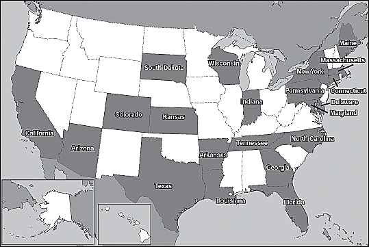 Map of the United States showing states reporting MDMA production from the year 2000-midyear 2004.
