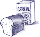 Drawing of a loaf of bread and a box of cereal.