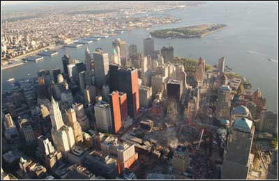 Photo of an aerial view of New York City after the September 11 attacks. FEMA photo by Andrea Booher