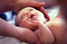 Photograph of a newborn being caressed by female hands