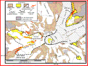 Simplified geologic map of upper Mount Rainier showing mapped dikes (red) and fractures and areas of intense hydrothermal alteration (yellow). Cross pattern shows area underlain by post-Oceola Mudflow volcanic rocks. Glaciers heading on the altered western flank drain into the Puyallup River system. From Sisson et al., 2001, EOS, v. 82, no. 9, p. 113.