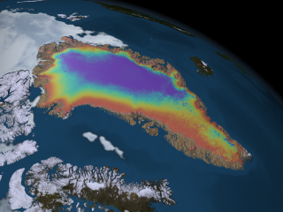 An image of the average ice sheet surface temperature over Greenland from August 5 through August 13, 2005.