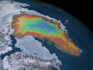 An image of the average ice sheet surface temperature over Greenland  from June 16 through June 24, 2005.