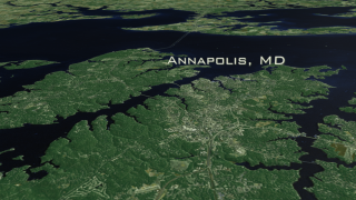 The city of Annapolis, MD, Bay Bridge  and the Eastern Shore with text label