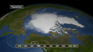 This animation dissolves between the 1979-1981 average September mean sea ice concentration and the 2003-2005 average September mean sea ice concentration.