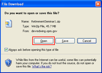 Image of File Download dialogue box with Open button highlighted