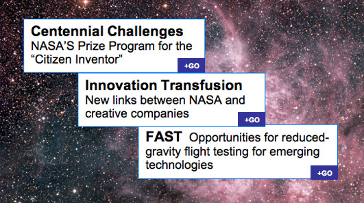 3 boxes showing Centennial Challenges NASA's Prize Program for the Citizen Inventor and Innovation Transfusion New links between NASA and creative companies, and FAST Opportunities for reduced-gravity flight testing for emerging technologies