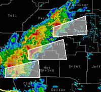 Display of new storm-based warnings on National Weather Service radar. 