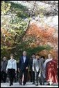 President George W. Bush and Laura Bush arrive at the Bulguksa Temple Thursday, Nov. 17, 2005, in Gyeongju, Korea with Korean President Moo Hyun Roh and his wife Yang-Sook Kwon.  White House photo by Shealah Craighead