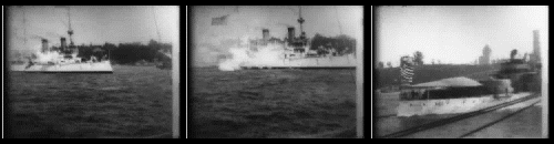 Three frames of a film of a naval parade