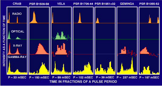 Light curves of known pulsars at several wavelengths