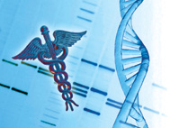 Double helix and caduceus superimposed on background of medical graph.