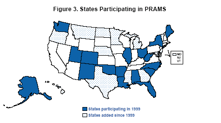 Figure 3: is a map of the United States that represents the States participating in PRAMS in 1999 and states added since 1999. 