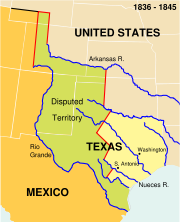 Republic of Texas. The present-day outlines of the U.S. states are superimposed on the boundaries of 1836–1845