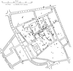 E. W. Gilbert's version (1958) of John Snow's 1855 map of the Soho cholera outbreak showing the clusters of cholera cases in the London epidemic of 1854