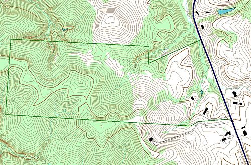 An example of use of layers in a GIS application.  In this example, the forest cover layer (light green) is at the bottom, with the topographic layer over it.  Next up is the stream layer, then the boundary layer, then the road layer.  The order is very important in order to properly display the final result.  Note that the pond layer was located just below the stream layer, so that a stream line can be seen overlying one of the ponds.