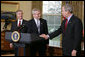 President George W. Bush shakes the hand of Josh Bolten Tuesday, March 28, 2006, after introducing him as the new Chief of Staff, succeeding Secretary Andrew Card. " No person is better prepared for this important position, and I'm honored that Josh has agreed to serve," said the President.  White House photo by David Bohrer