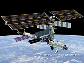 Artist's rendering of the International Space Station (ISS) after installation of the U.S. Laboratory Destiny and its nadir-viewing optical quality window during Space Shuttle Mission STS-98/Station Mission 5A in February 2001. (NASA Image JSC2001e00360)