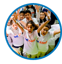 Image of kids wearing We Can t-shirts, raising their arms, and smiling