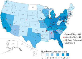 Map of the United States with community sites plotted including 487 general sites 49 intensive sites and 8 cities