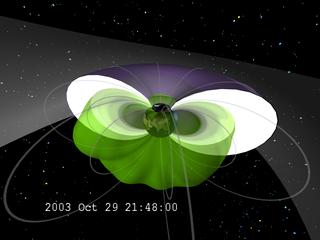 As the particle events saturate the SAMPEX detectors, the radiation belt measurements develop a high level of noise that generates a blown-out view in this model of the belts.  The plasmasphere is still in its steady configuration.