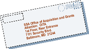 Envelope with mailing address  SSA Office of Acquisition and Grants, Attention: OITA, 1st Floor, Rear Entrance, 7111 Security Blvd., Baltimore, MD  21244