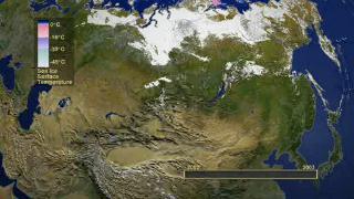 This animation shows the daily advance and retreat of snow cover, and sea ice surface temperature over Asia during the winter of 2002-2003.
