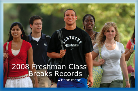 Freshman students walking on campus with text saying 2008 Freshman Class Breaks Records + more