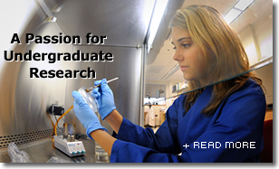Lesley Mann working in a research lab with text A Passion for Undergraduate Research + more