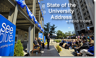 President Todd speaking to a crowd in Patterson square with text State of the University Address + read more