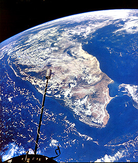  Gemini photo of the Peninsular India subcontinent, with the Himalayas on horizon (right top) and Sri Lanka (Ceylon), the island nation, at lower right.