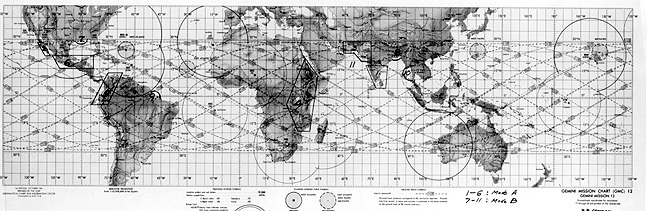 Flight plan showing the orbital paths traversed by the Gemini 12 spacecraft; areas particularly targeted for photo coverage are blocked out.