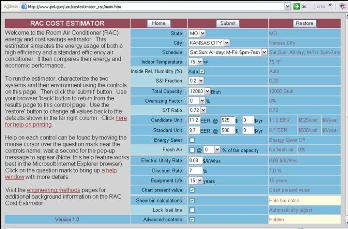 Screen capture of Room Air Conditioner Cost Estimator