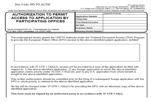 Authorization to Permit Access to Application by Participaing Office (PTO/SB/39)