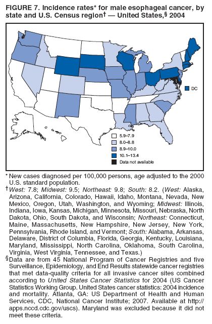 FIGURE 7. Incidence rates* for male esophageal cancer, by
state and U.S. Census region† — United States,§ 2004