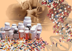 doctor with baby and pills forming a dna strand