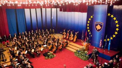 Kosovo's Prime Minister speaks during a celebration of Kosovo's constitution June 15, 2008. [AP]