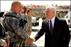 U.S. Defense Secretary Robert M. Gates walks with Afghan Defense Minister Abdul Rahim Wardak at the presidential palace in Kabul, Afghanistan, Sept. 17, 2008. Defense Dept. photo by U.S. Air Force Tech. Sgt. Jerry Morrison