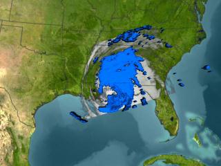  TRMM provides this view of Hurricane Ivan on September 16, 2004, as its eye makes landfall.  TRMM lets us see through the clouds. Blue represents areas with at least 0.25 inches of rain per hour. Green shows at least 0.5 inches of rain per hour. Yellow is at least 1.0 inches of rain and red is at least 2.0 inches of rain per hour. 