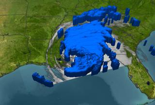  TRMM provides this view of Hurricane Ivan on September 16, 2004, as its eye makes landfall.  TRMM lets us see through the clouds. Blue represents areas with at least 0.25 inches of rain per hour.