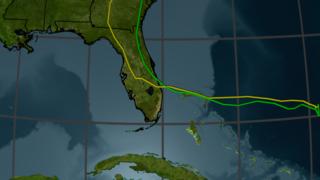 Compare Hurricane Jeanne's actual path (in yellow) and the fvGCM model track (in green).