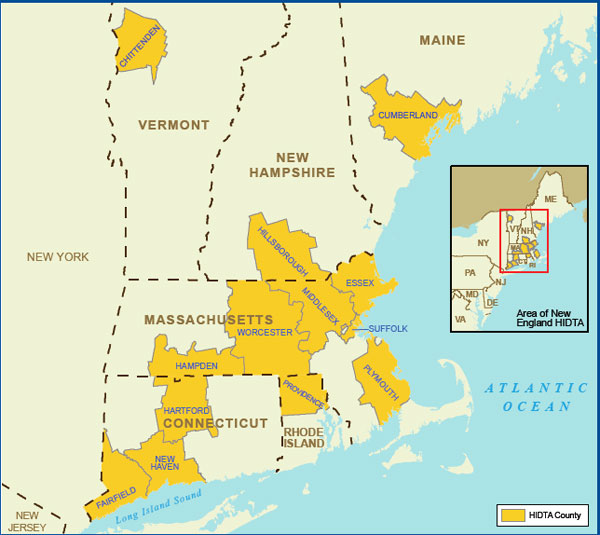 Map showing the New England High Intensity Drug Trafficking Area.